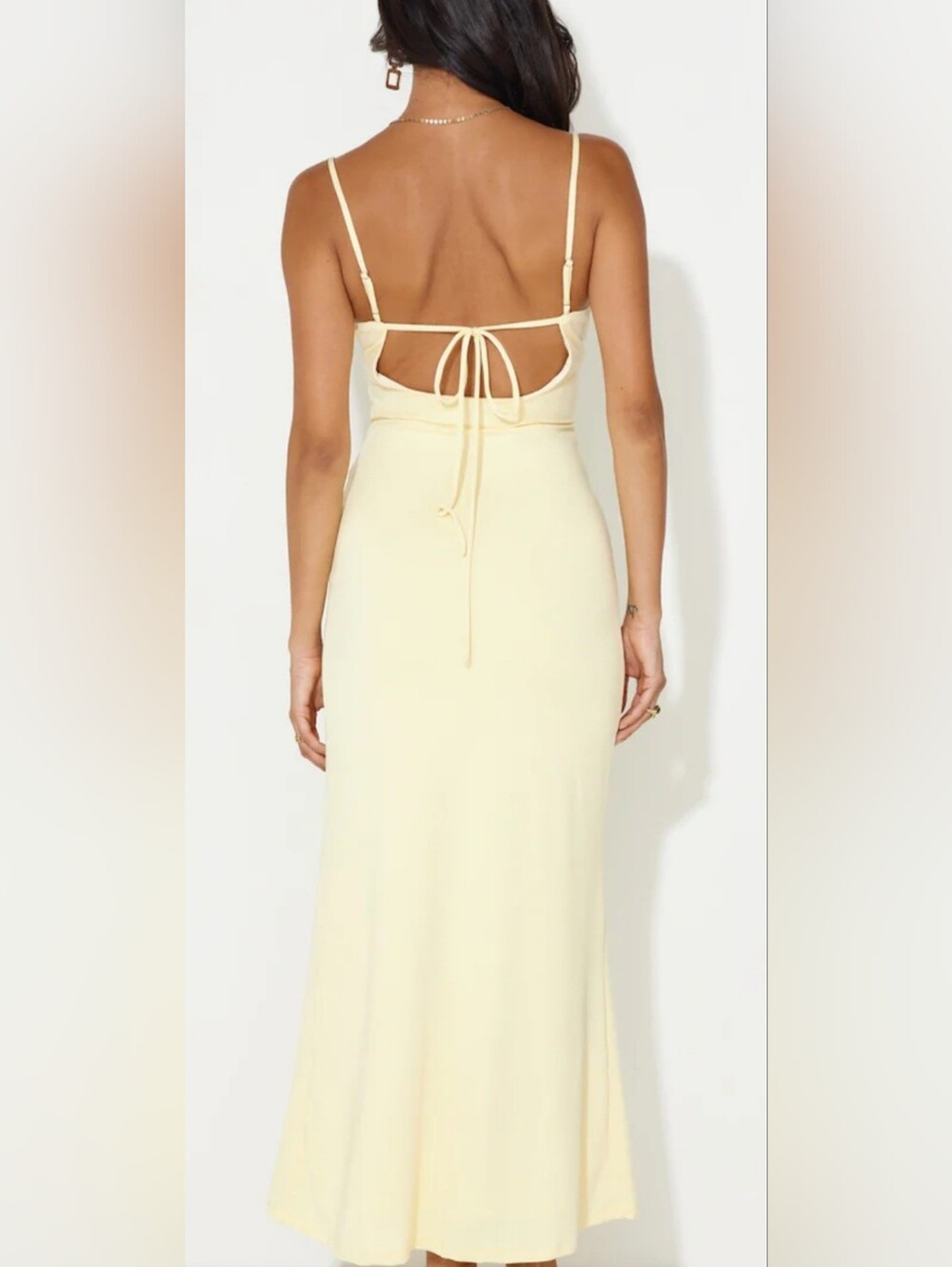 Hello Molly Butter Yellow Cowl Neck Maxi Dress Open Back Side Slit Formal Beachy - Picture 3 of 9
